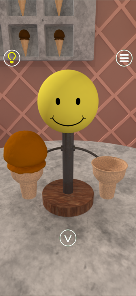 Una scena di puzzle 3D da Room Escape Game-EXiTS- con una faccina gialla sorridente che tiene coni gelato.