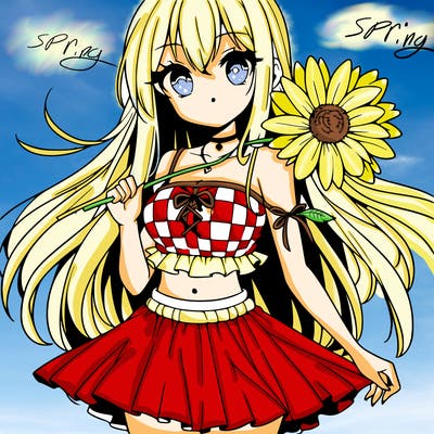 anime girl holding a flower wearing a skirt and crop top