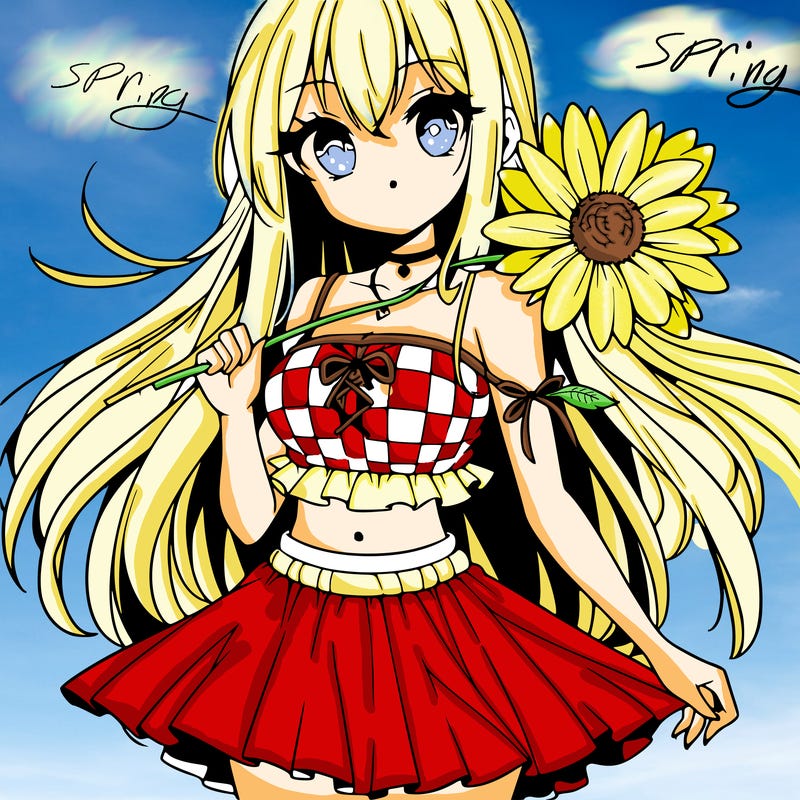 anime girl holding a flower wearing a skirt and crop top