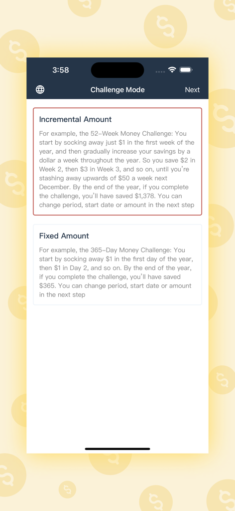 52 Weeks Money Challenge - Oberfläche, die die Wahl zwischen den Spar-Challenge-Modi Inkrementeller Betrag und Fester Betrag zeigt