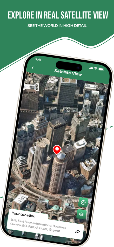 Earth Maps 3D: Live Satellite - Earth Maps 3D app displaying high detail satellite view of city buildings
