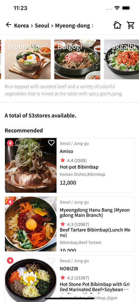 REDTABLE - REDTABLE app interface showing recommended authentic Korean restaurants in Myeong-dong Seoul with ratings and menu items.