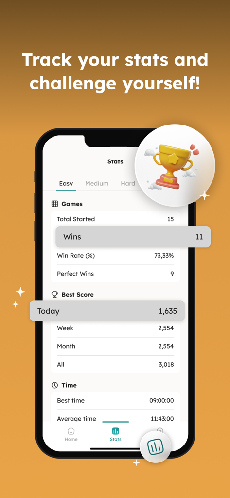 Sudoku Classic - Math Master - Pantalla de la aplicación móvil mostrando estadísticas de juego de Sudoku, incluyendo victorias, mejores puntuaciones y tiempo promedio