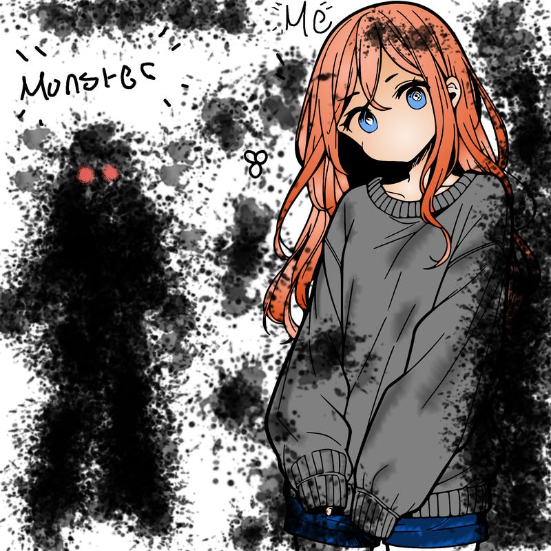 manga teen girl  in a sweater and baggy pants