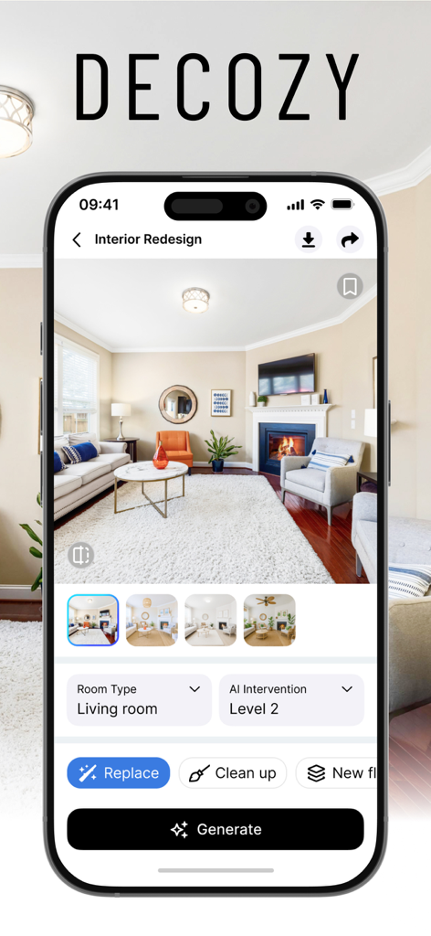 Interface of the DECOZY app showing an AI-powered living room interior redesign with editing tools like replace and clean up.