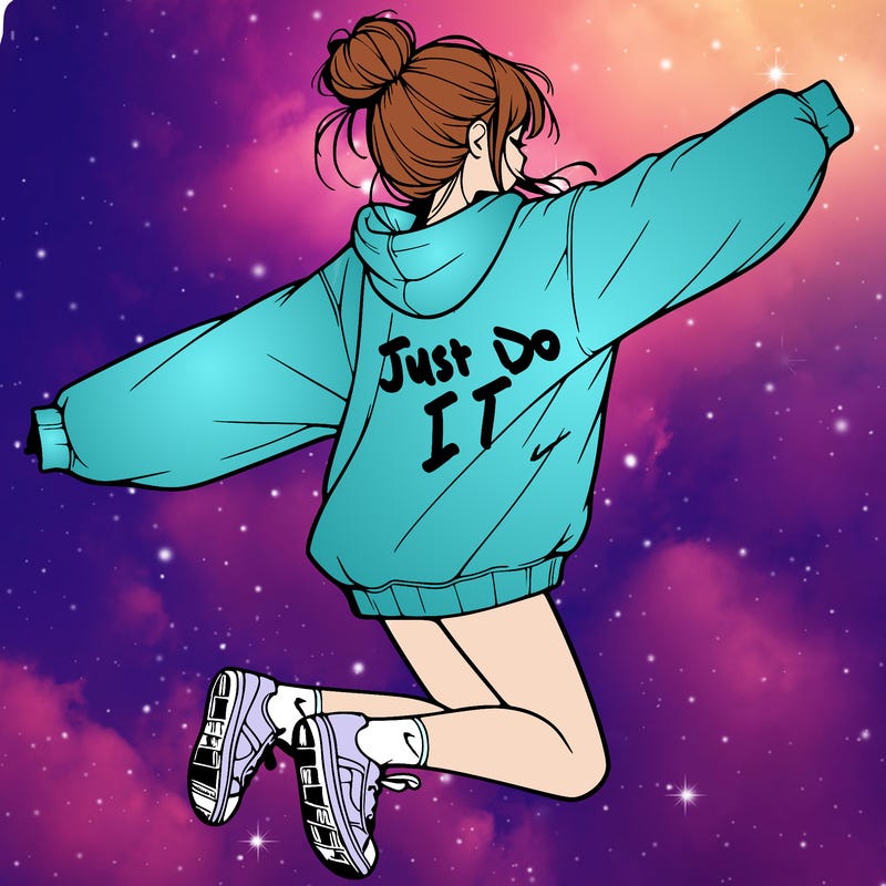 realistic girl jumping with a bun and oversized sweatshirt