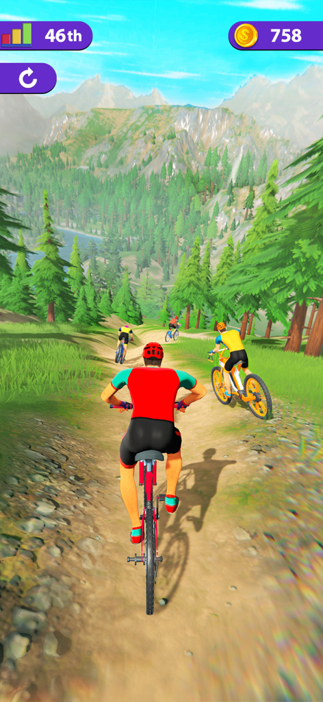 BMX Bike Rider - Bicycle Games - BMX Bike Rider에서 그림 같은 산악 트레일을 내려오는 사이클 선수들의 3인칭 시점