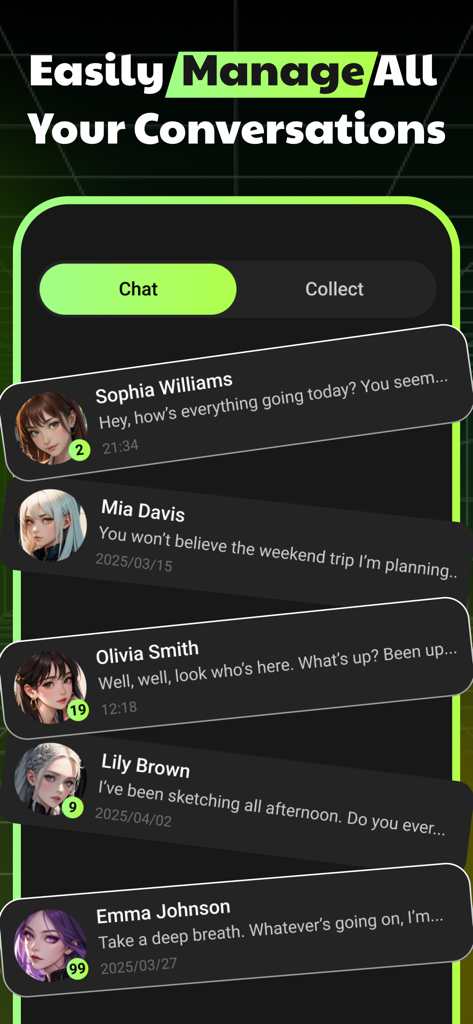 SayHi: Chat Now - Mobile app interface showing a list of active chat conversations with various anime-style AI characters.