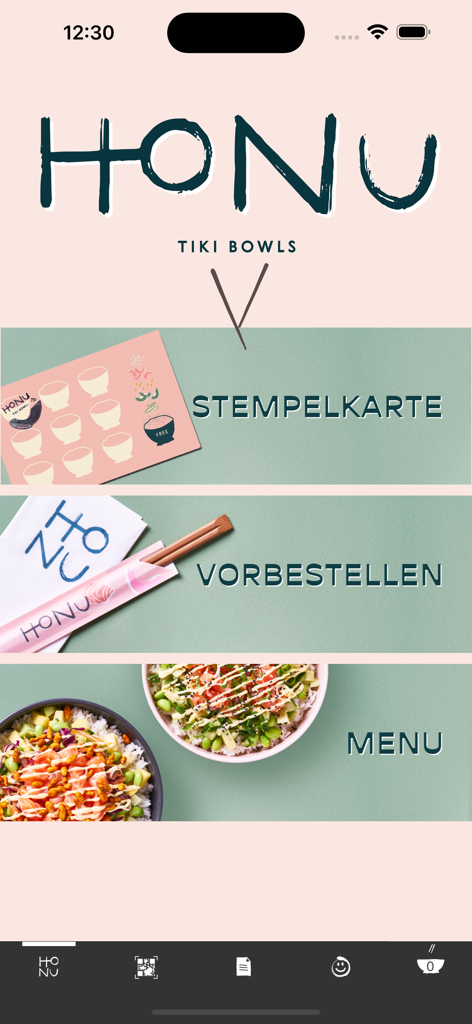 HONU Tiki Bowls - HONU Tiki Bowls app home screen showing loyalty card and pre-order options