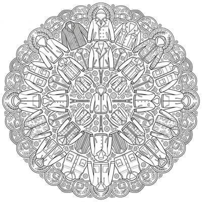Dive into the world of fashion with this unique outerwear mandala coloring page, designed specifically for teens. Explore a symmetrical pattern brimming with trendy jackets, coats, and vests, offering a creative challenge.