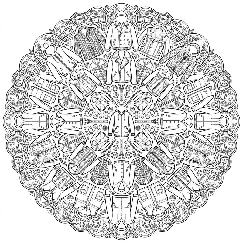 Dive into the world of fashion with this unique outerwear mandala coloring page, designed specifically for teens. Explore a symmetrical pattern brimming with trendy jackets, coats, and vests, offering a creative challenge.