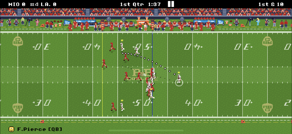 8-bit style college football gameplay showing a quarterback aiming a pass with a trajectory line