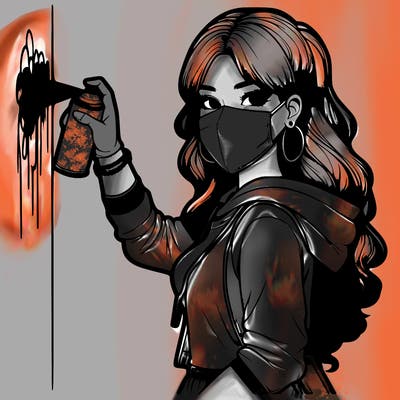 realistic girl with mask spray painting a wall