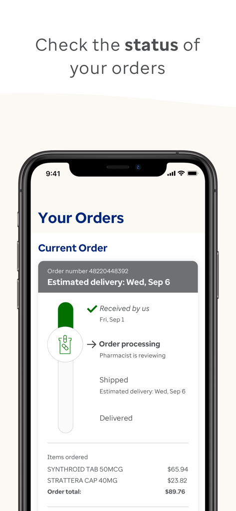 OptumRx mobile app screen displaying current order status tracker and estimated prescription delivery date