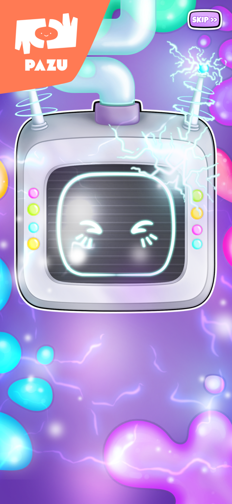 A magical slime making machine with a smiling electronic face and colorful slime blobs in the background