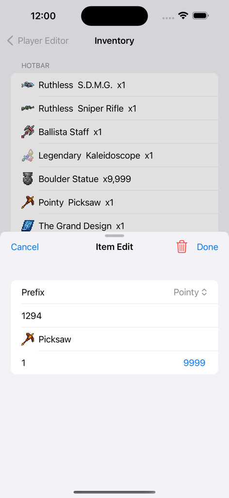 TR Save Editor - Interface of TR Save Editor showing inventory item customization for Terraria