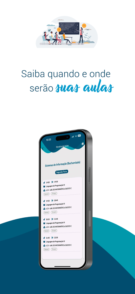 Schoolnet Aluno - Interface do aplicativo Schoolnet Aluno mostrando a grade de aulas de um estudante com horários e locais dos laboratórios.