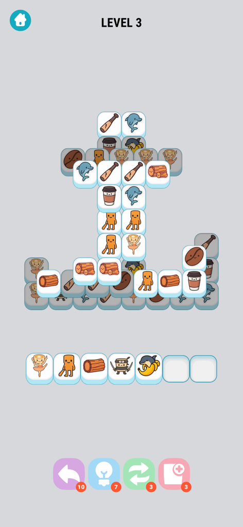 Brainrot Tile Match IQ - Merge - Tela de jogabilidade do Brainrot Tile Match IQ mostrando o nível 3 com peças temáticas de memes