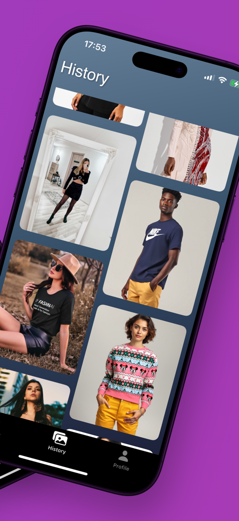 A history screen in the TryFit app displaying a grid of previous AI fashion previews with various models and outfits