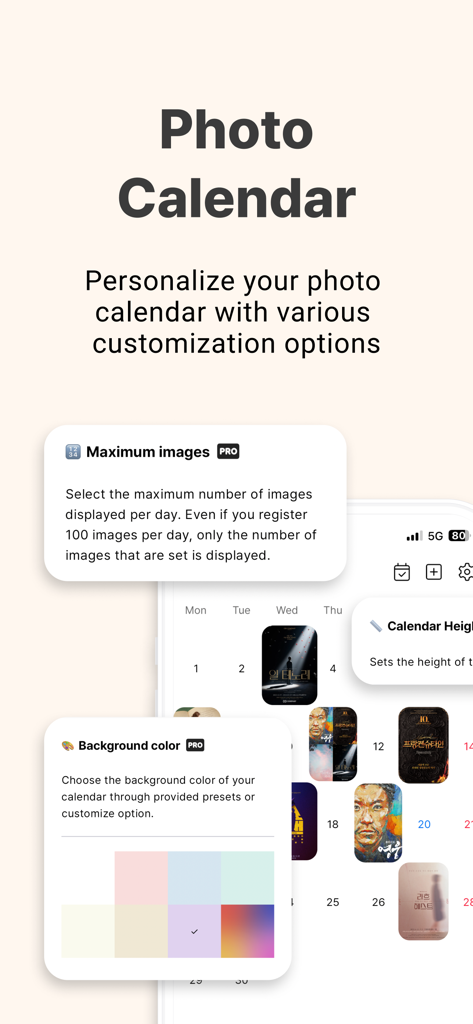 PL@Y2 - Interfaccia dell'app PL@Y2 che mostra le opzioni di personalizzazione per un calendario fotografico personalizzato, inclusi i colori di sfondo e le impostazioni dell'immagine.