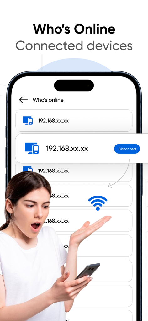 Portable Wifi Mobile Hotspot - IP 주소와 연결 해제 버튼이 있는 연결된 장치 목록을 보여주는 모바일 인터페이스.