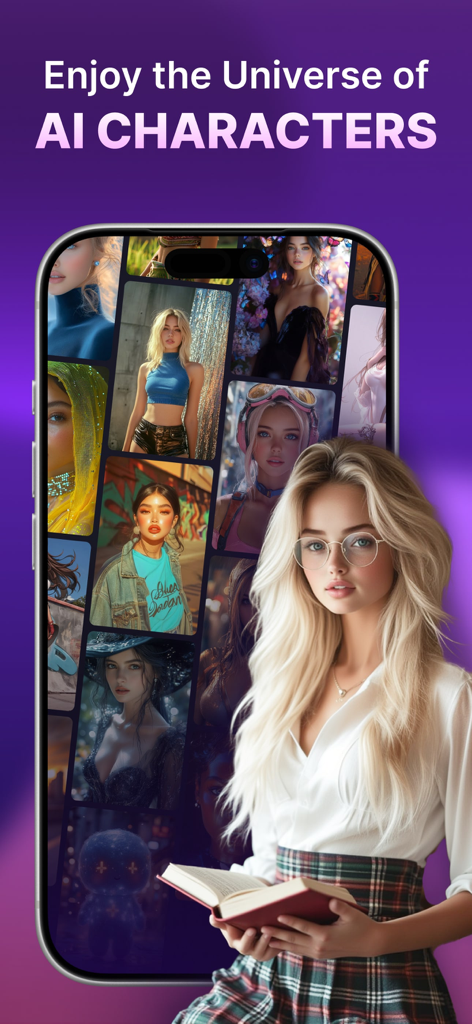 Botify AI: Create. Chat. Bot - A smartphone screen displaying a gallery of diverse AI characters from the Botify AI app