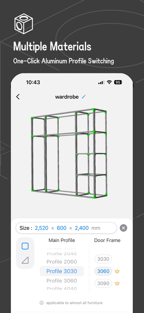 iMake-Profile Furniture Design - 3D modeling of an aluminum wardrobe frame with customizable profile and size options in the iMake app