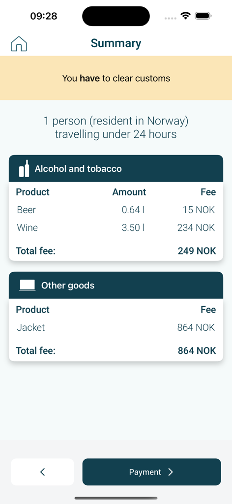 KvoteAppen - Summary screen of the KvoteAppen showing calculated duties for alcohol and goods