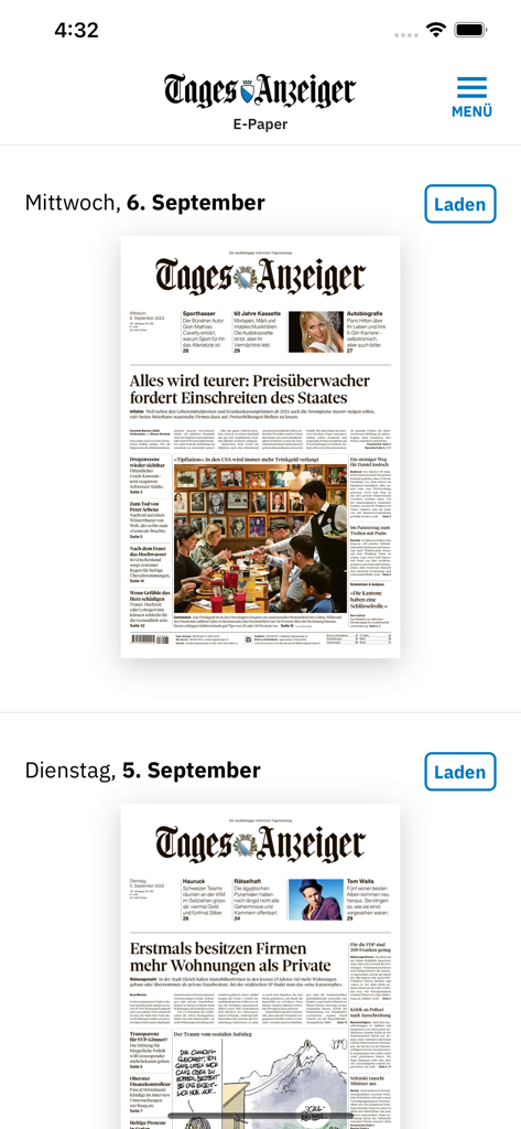 Ediciones diarias del periódico en la aplicación Tages-Anzeiger E-Paper