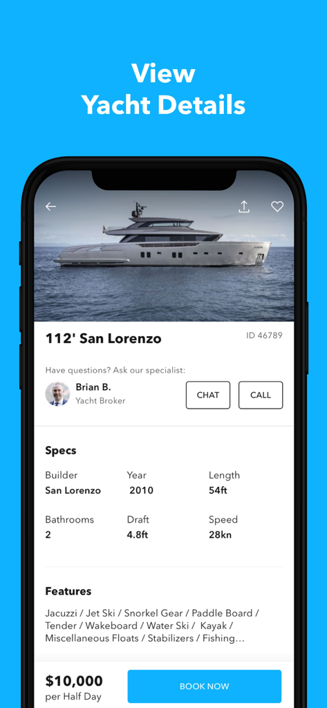 YachtLife | Yacht Charter - A mobile app interface displaying specifications pricing and booking options for a luxury yacht charter.