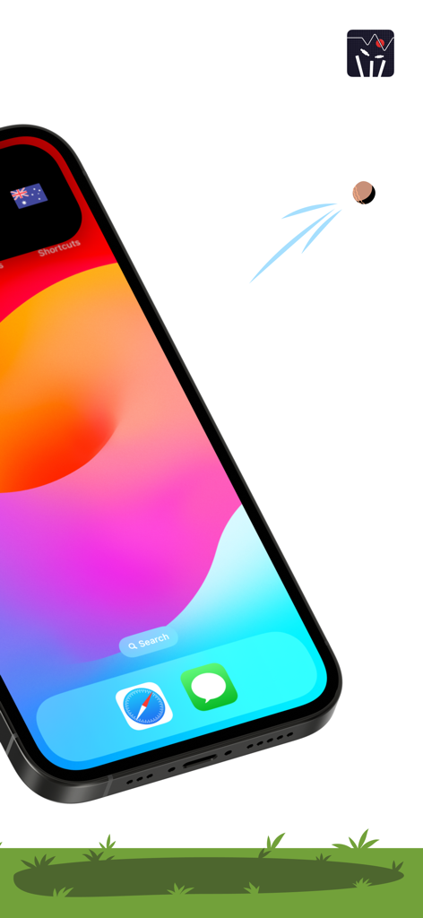 Cricket Pulse - Live Scores - iPhone displaying the Cricket Pulse app with a flying cricket ball and Australia flag notification