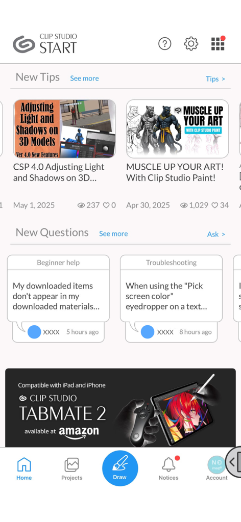 Clip Studio Paint for iPhone - The Clip Studio Start home screen displaying art tutorials, community Q and A, and a navigation bar