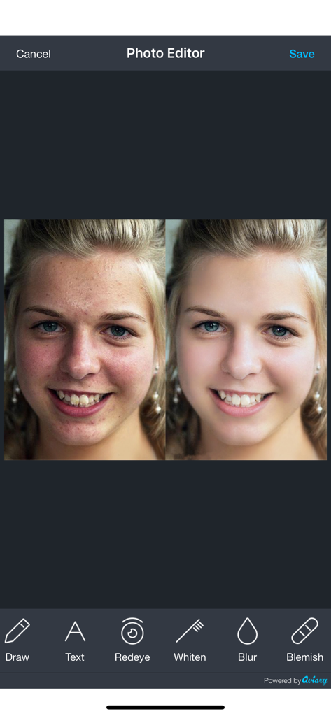 Aviary: Photo Editor, Airbrush - Side by side comparison of a portrait before and after applying skin smoothing and blemish removal tools.