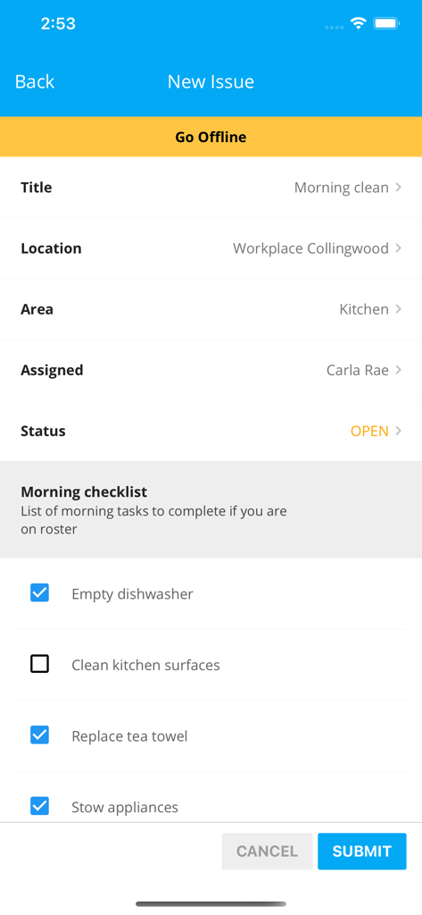 Mobile app screen showing a morning cleaning checklist with checkboxes for tasks like emptying the dishwasher and cleaning surfaces.