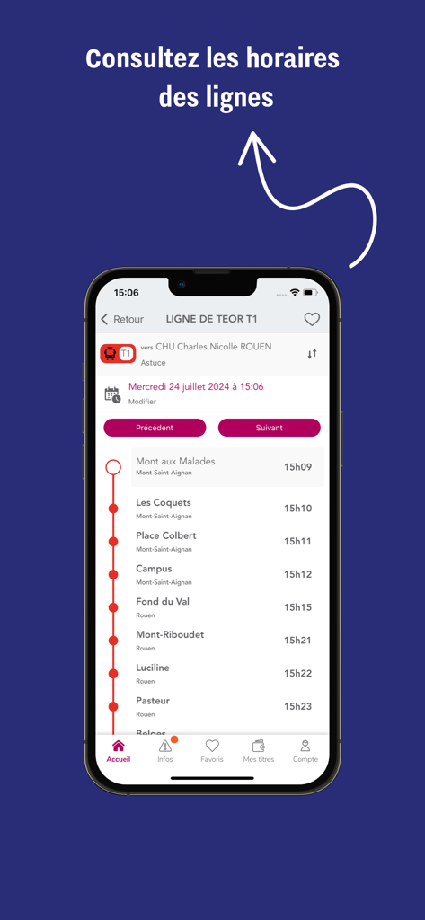 My Astuce - Real-time bus line schedules on the My Astuce mobile app interface.