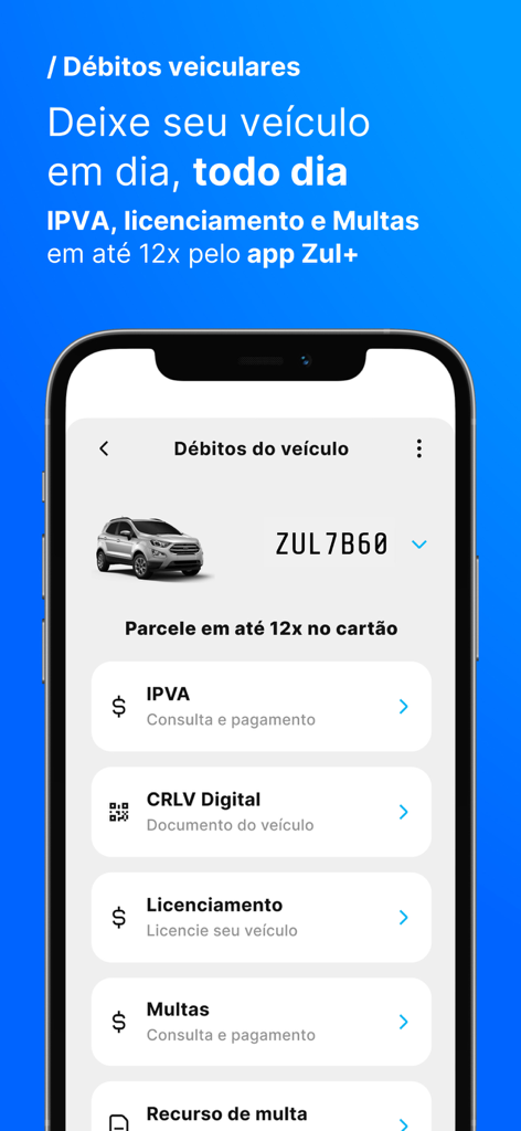 Zul plus app interface showing options for paying vehicle taxes, fines, and licensing in installments