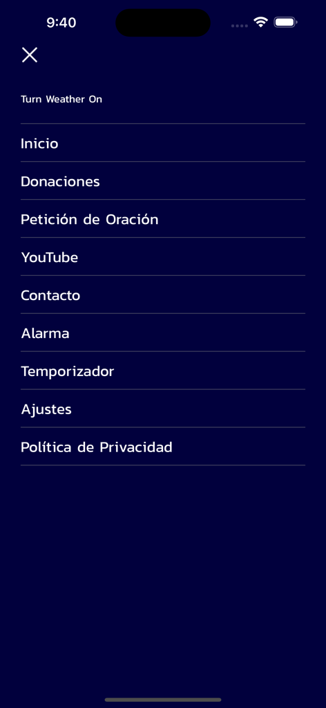 Aliento del Cielo Radio - Navigation menu of the Aliento del Cielo Radio app showing options in Spanish including Home Donations and Prayer Requests