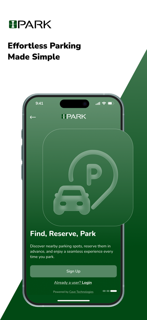 IPark app onboarding screen featuring find reserve and park options
