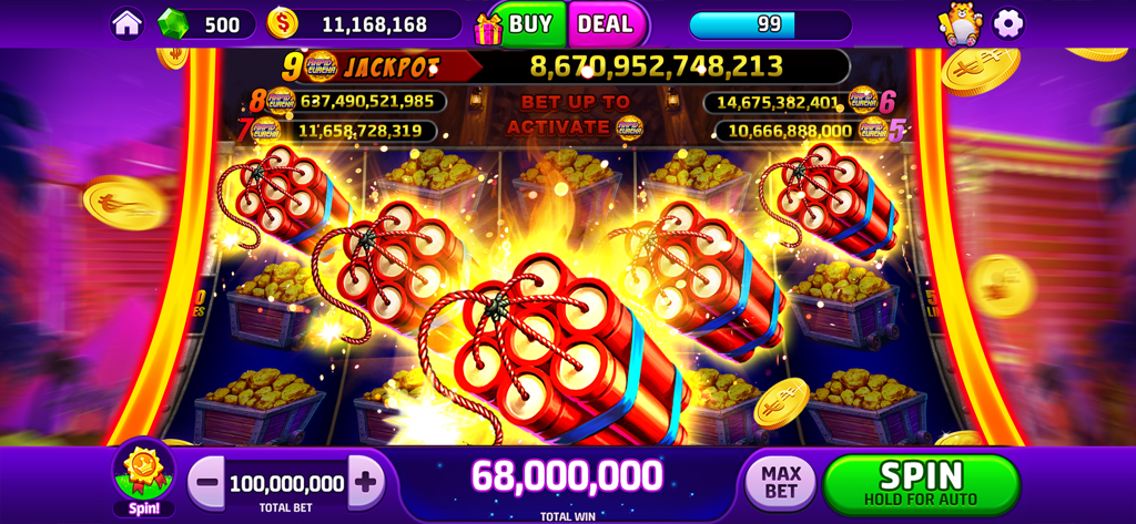 A gold mining themed slot machine in Woohoo Slots featuring dynamite symbols and a large jackpot