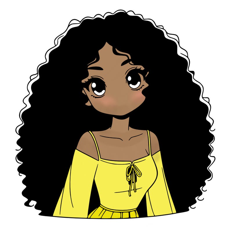 a black anime girl with long afro hair