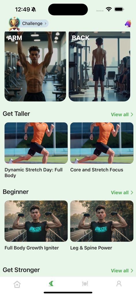 KidWorkout 360 Grow Faster - Painel do aplicativo KidWorkout 360 com categorias de treino para crescer mais alto e mais forte.