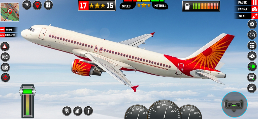 Gameplay screenshot showing a commercial airplane flying above the clouds in Flight Simulator Pilot Game 3D