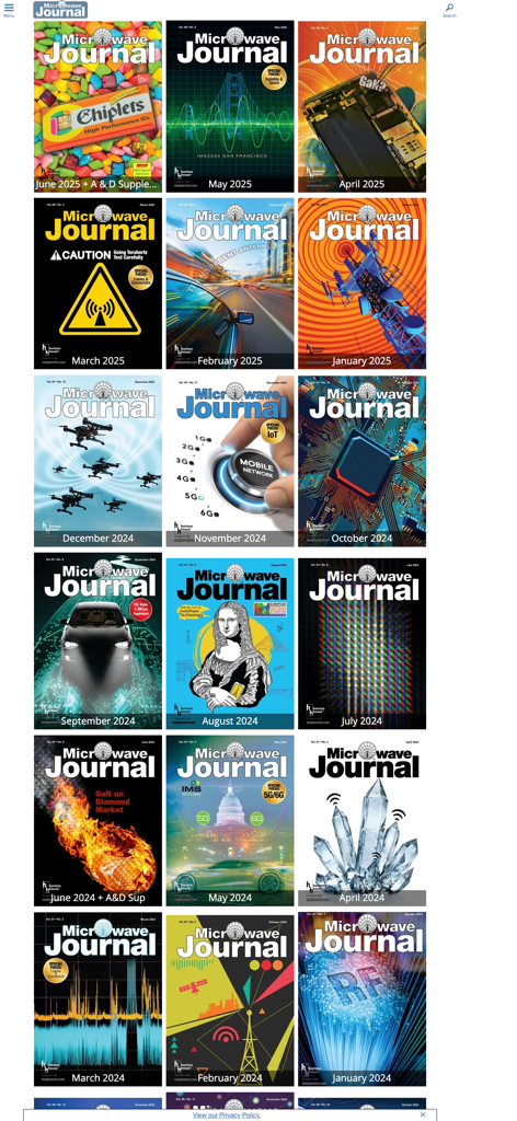 Microwave Journal Magazine - A digital library view showing various monthly covers of the Microwave Journal magazine from 2024 and 2025.