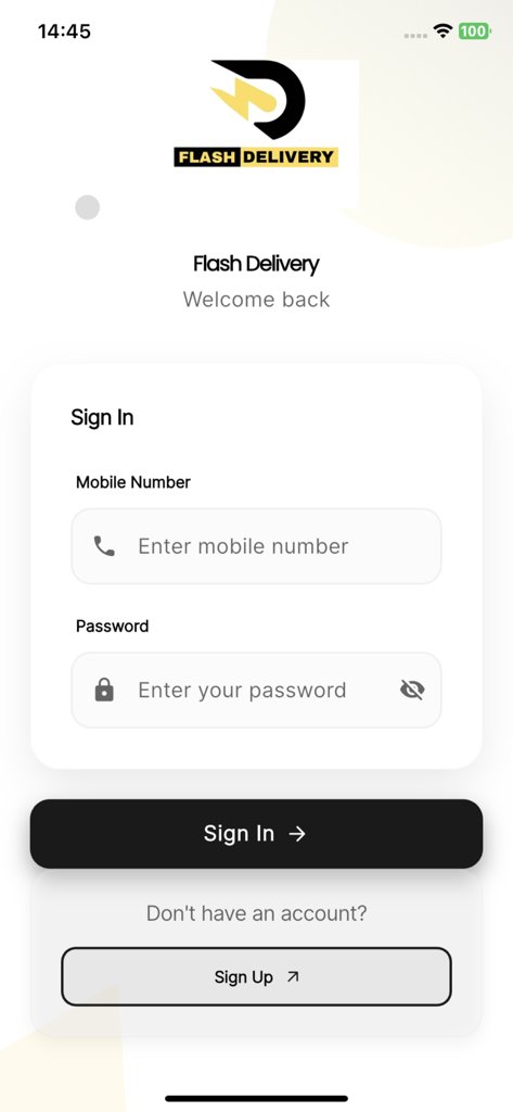 Flash Deliveryモバイルアプリのサインイン画面