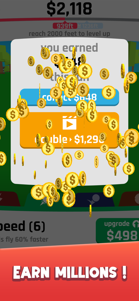 A screenshot of the Baseball Boy reward screen showing falling gold coins and options to double earnings.