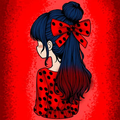realistic girl  with hip length hair a bun and a big bow on the back of head