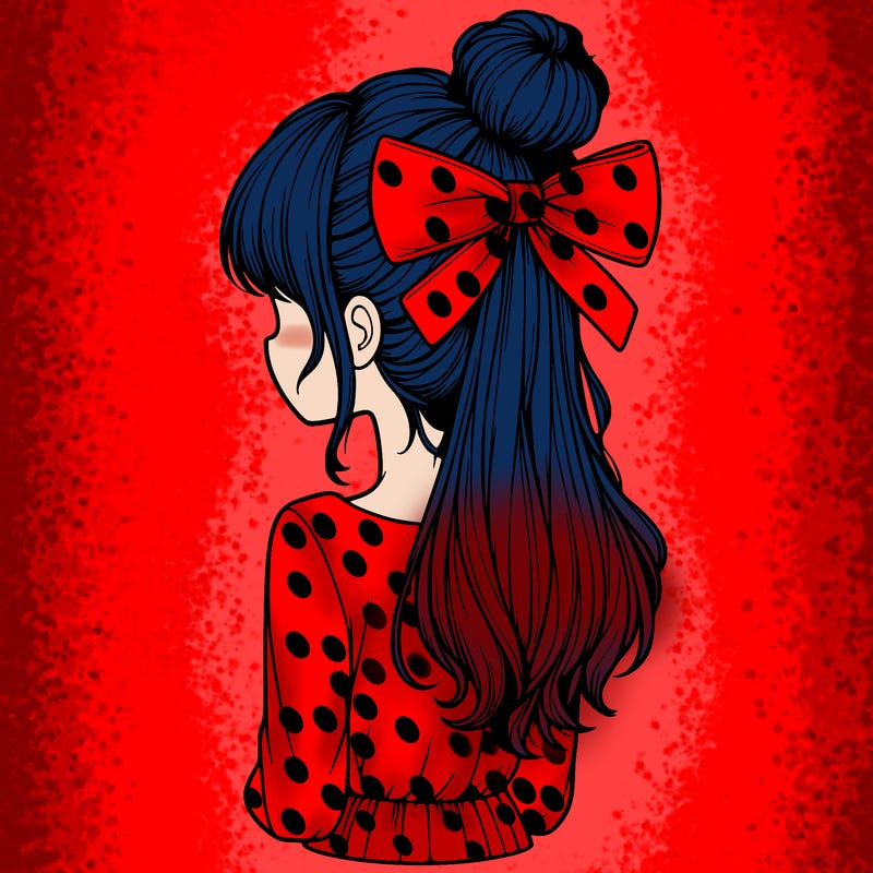 realistic girl  with hip length hair a bun and a big bow on the back of head