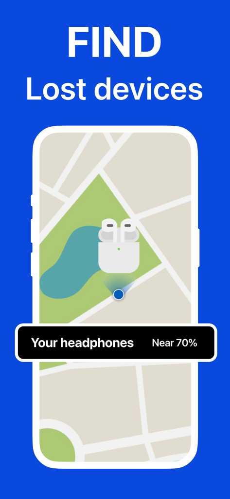 Smartphone screen displaying a map to locate lost AirPods with a proximity percentage indicator