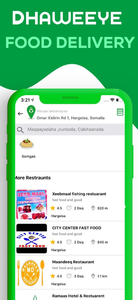 Dhaweeye - Dhaweeye food delivery app showing local restaurants in Hargeisa Somalia