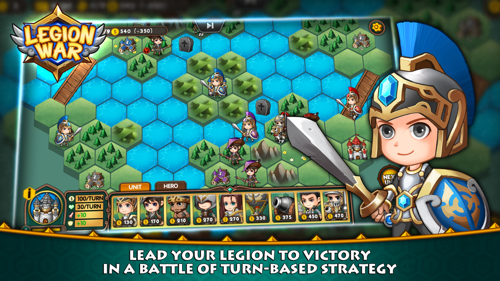 Legion War - A screenshot of Legion War turn-based strategy game showing cartoon units on a hex grid map with a UI menu for unit selection.